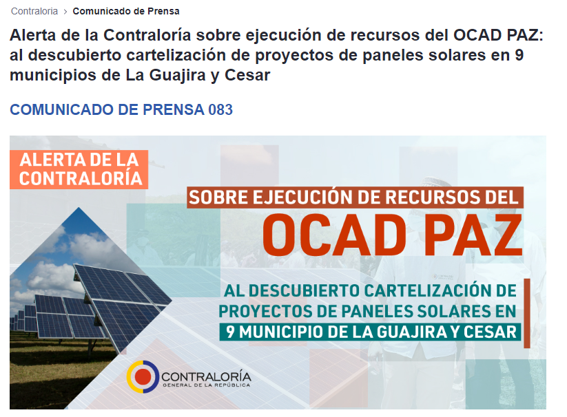 Alerta de la Contraloría sobre la presunta cartelización en el proyecto de paneles solares. 