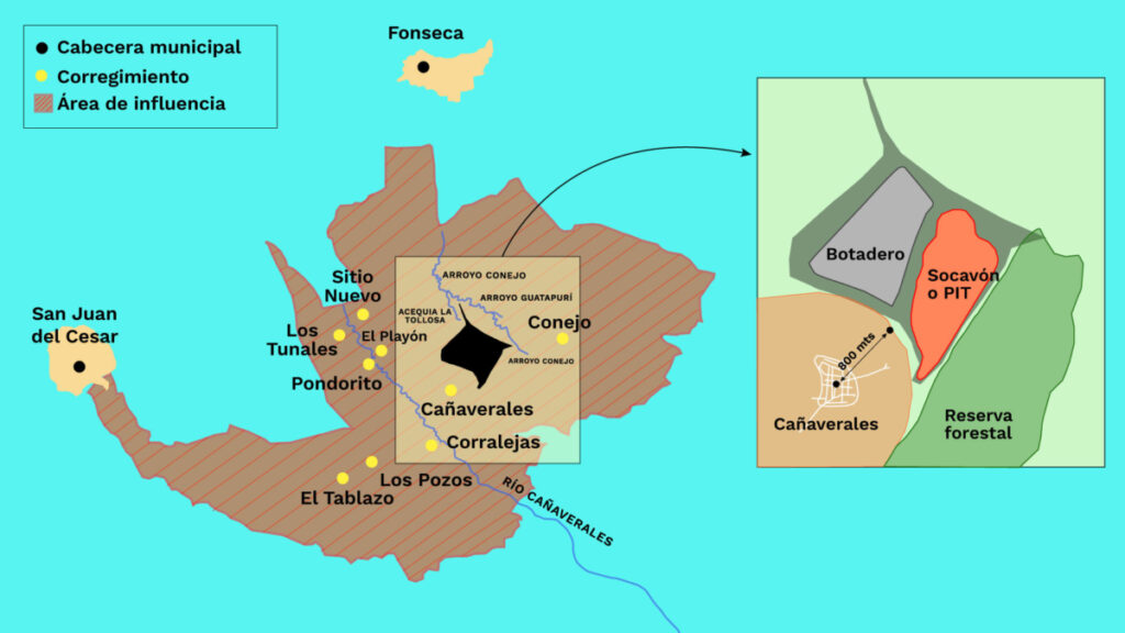 Mapa de lo que sería el proyecto minero Cañaverales. Ilustración: Camila Bolívar