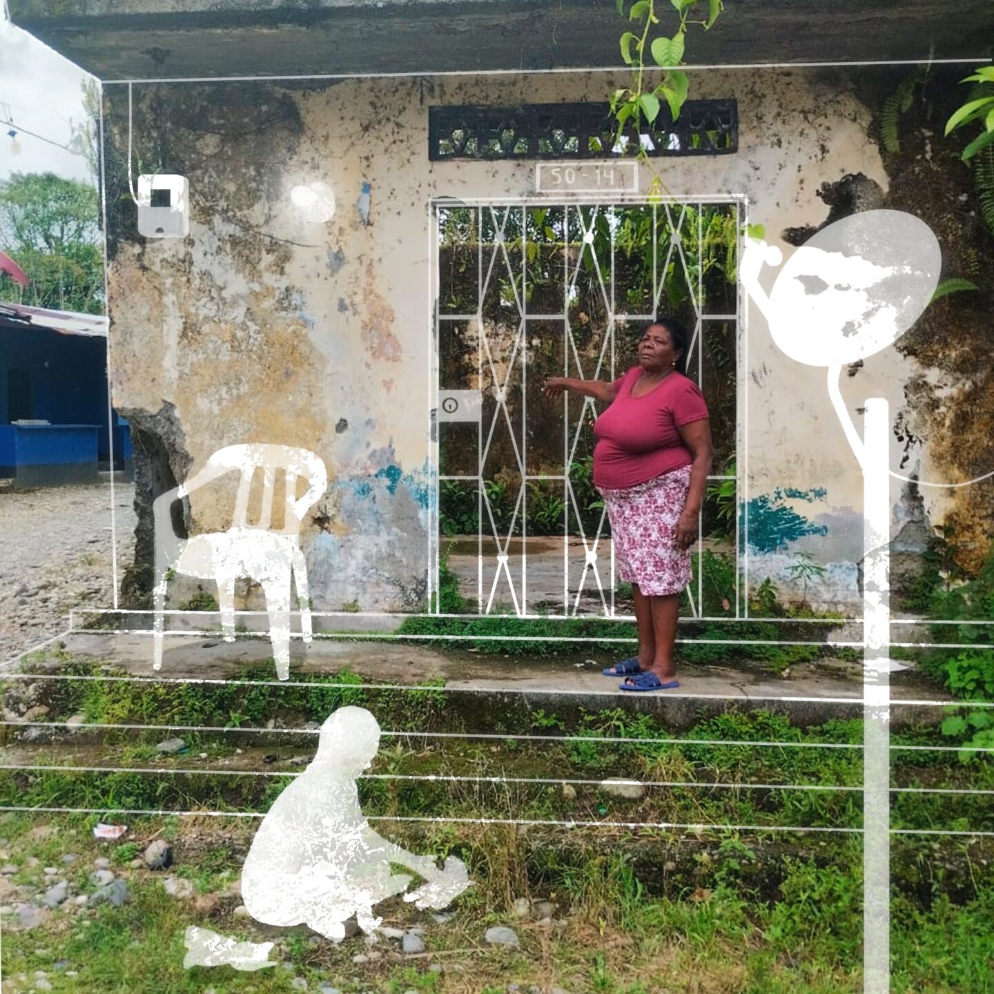 Fotografía intervenida con ilustración en la que una mujer señala una casa abandonada.