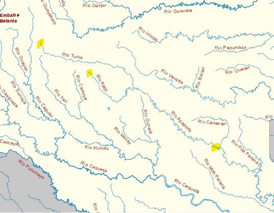 Ubicación de ríos Ajajú, Apaporís y Tunía. Tomado de mapadecolombia.org