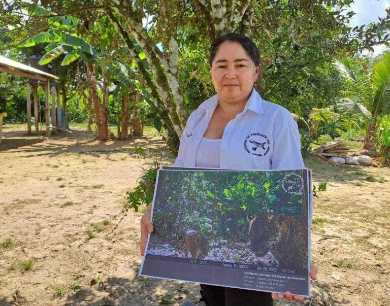 Claudia Cocuy, coordinadora de la promotoría campesina y monitora de la finca La Gorgona. Sostiene una de las fotografías del jaguar en la zona. Fotos: Angy Alvarado